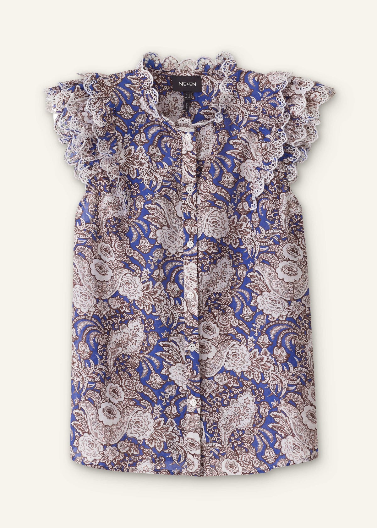 ME+EM Clothing Blue Elaborate Botanical Print Ruffle Straight Blouse
