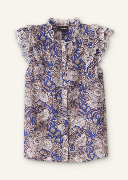 ME+EM Clothing Blue Elaborate Botanical Print Ruffle Straight Blouse