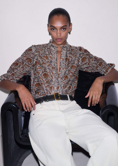 ME+EM Clothing Brown Silk Cotton Rising Wildflower Print Blouse