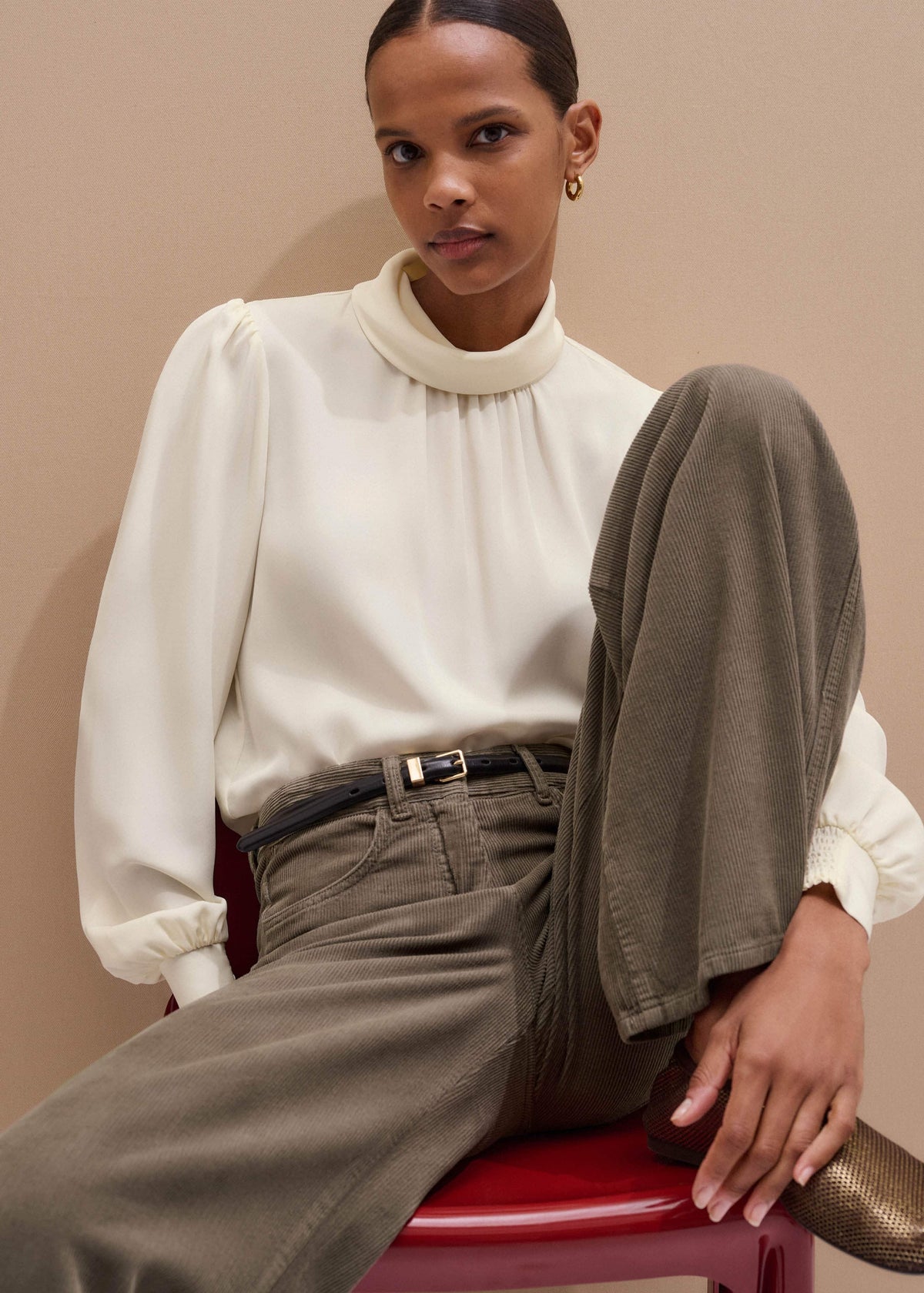 ME+EM Clothing Cream Silk High Neck Slim Cut Blouse