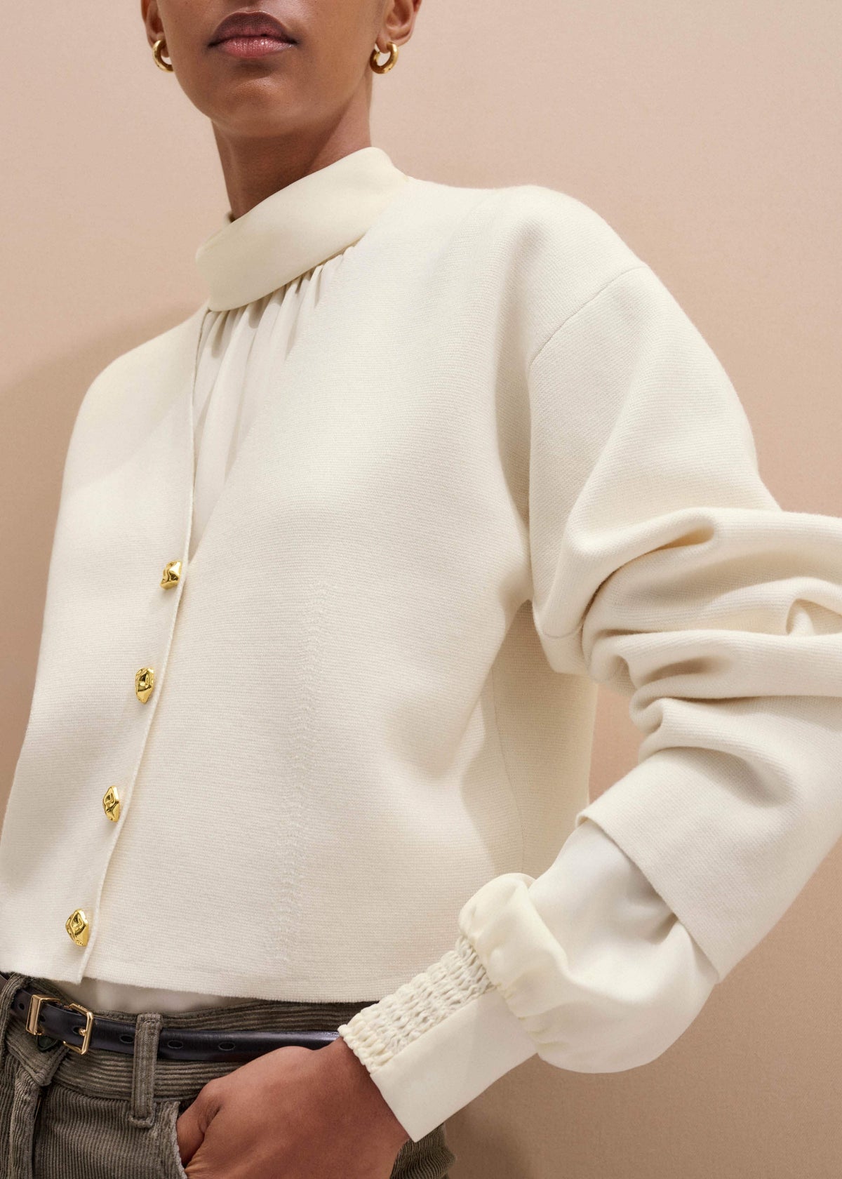 ME+EM Clothing Cream Silk High Neck Slim Cut Blouse