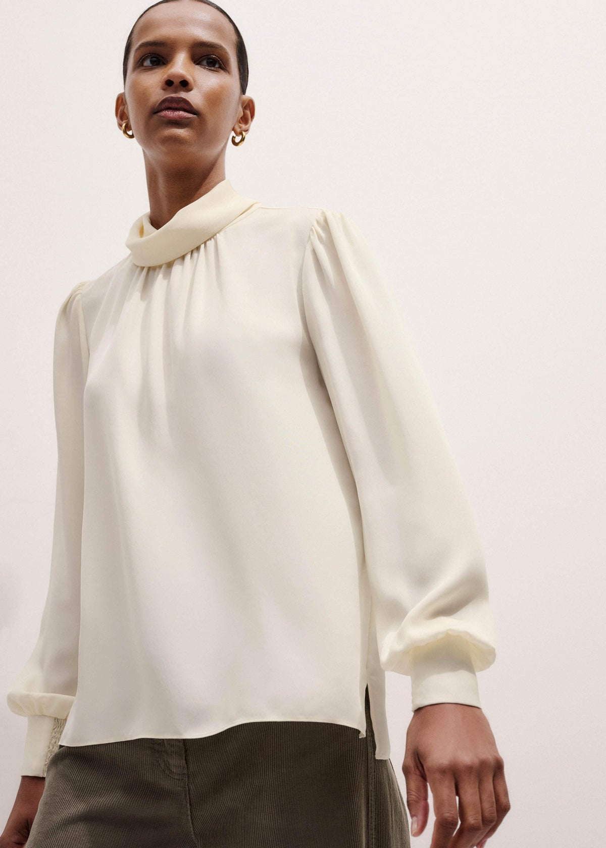 ME+EM Clothing Cream Silk High Neck Slim Cut Blouse