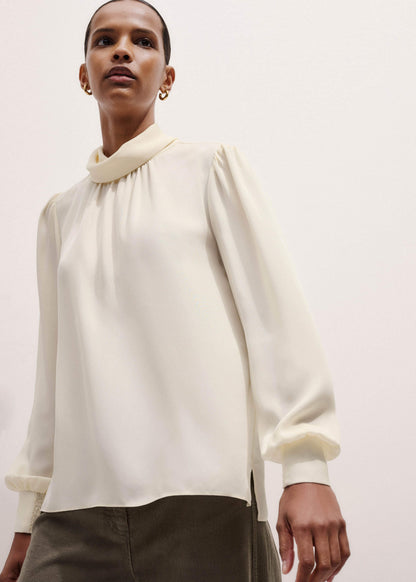 ME+EM Clothing Cream Silk High Neck Slim Cut Blouse