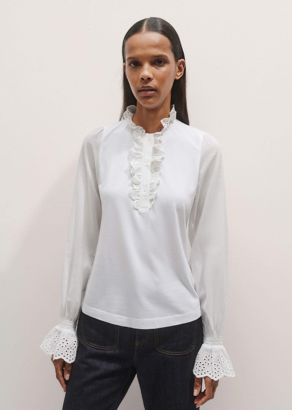ME+EM Clothing White Cotton Voile Broderie Layering Blouse