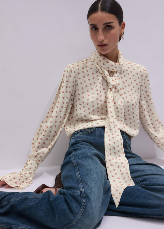 ME+EM Clothing Cream Silk Spaced Paisley Print Statement Sleeve Blouse + Tie