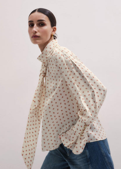 ME+EM Clothing Cream Silk Spaced Paisley Print Statement Sleeve Blouse + Tie