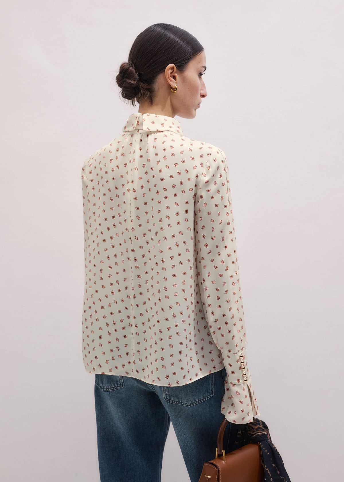ME+EM Clothing Cream Silk Spaced Paisley Print Statement Sleeve Blouse + Tie