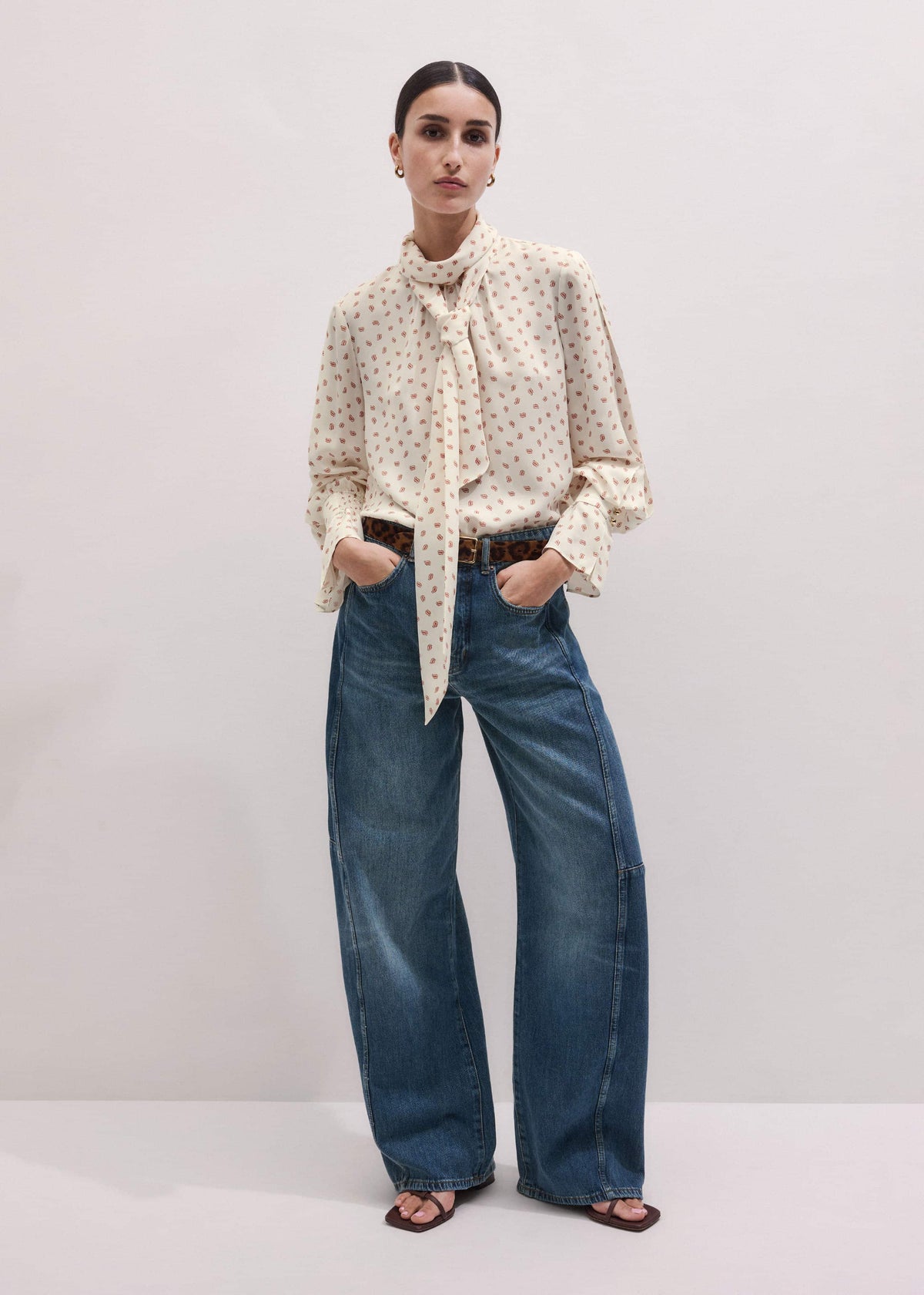 ME+EM Clothing Cream Silk Spaced Paisley Print Statement Sleeve Blouse + Tie