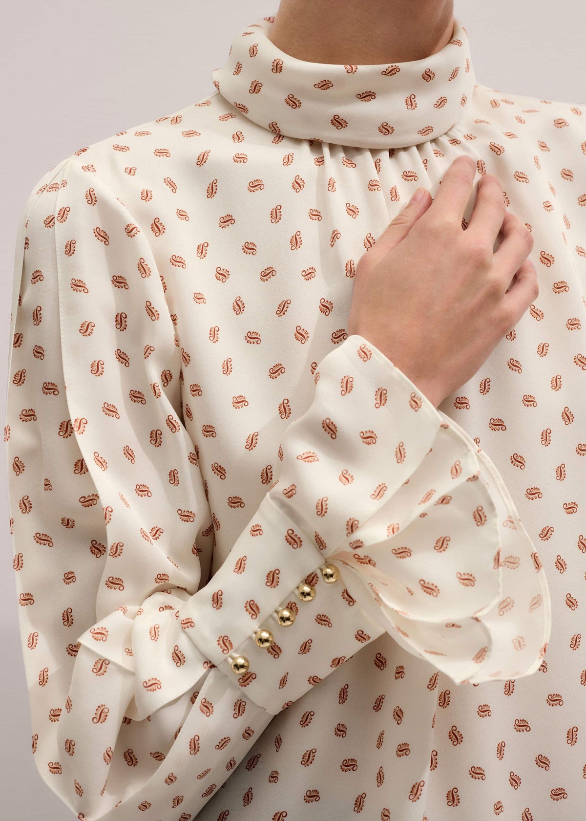 ME+EM Clothing Cream Silk Spaced Paisley Print Statement Sleeve Blouse + Tie