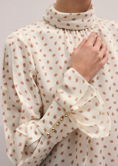 ME+EM Clothing Cream Silk Spaced Paisley Print Statement Sleeve Blouse + Tie