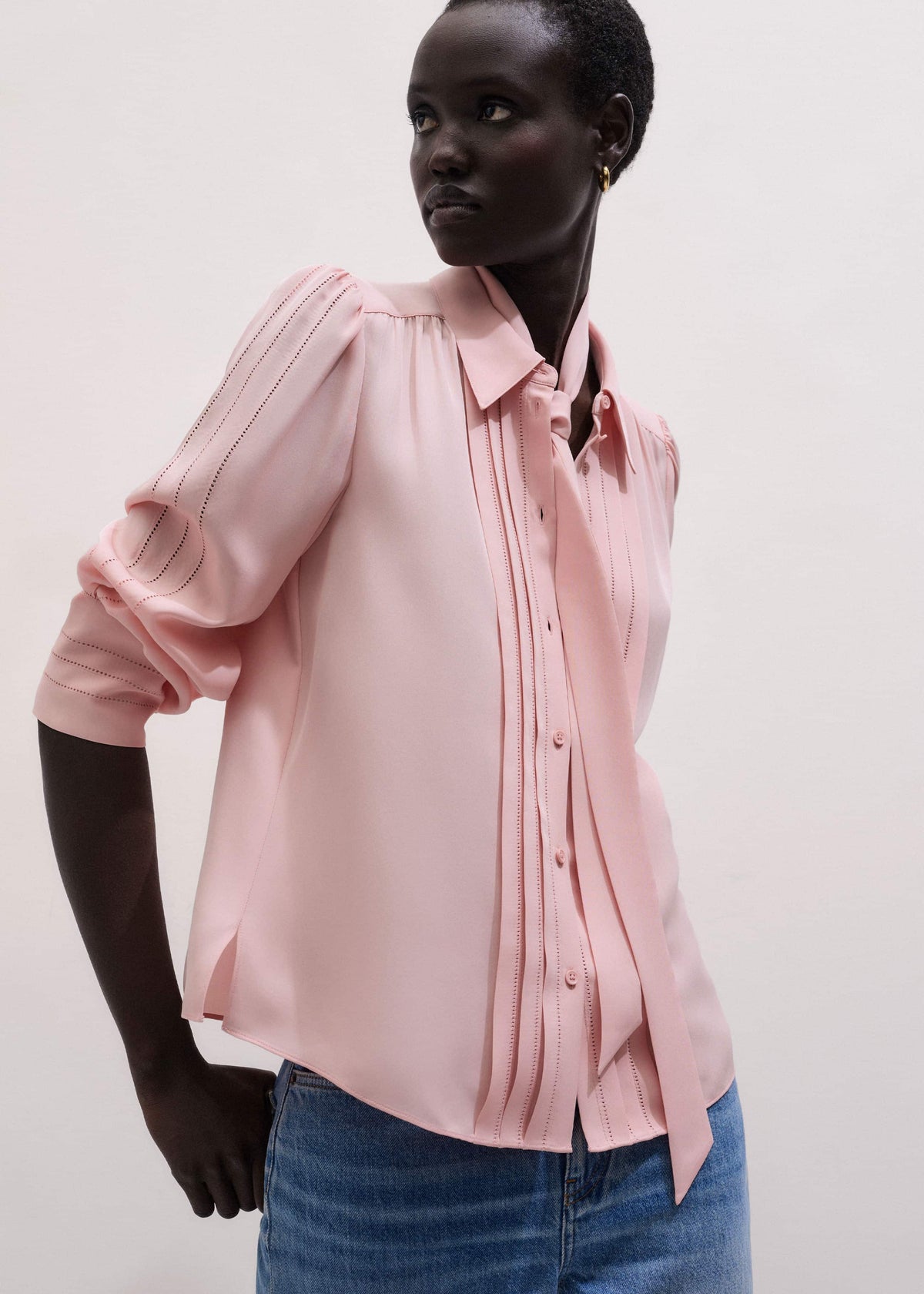 ME+EM Clothing Pink Silk Feminine Embroidered Fluid Straight Blouse