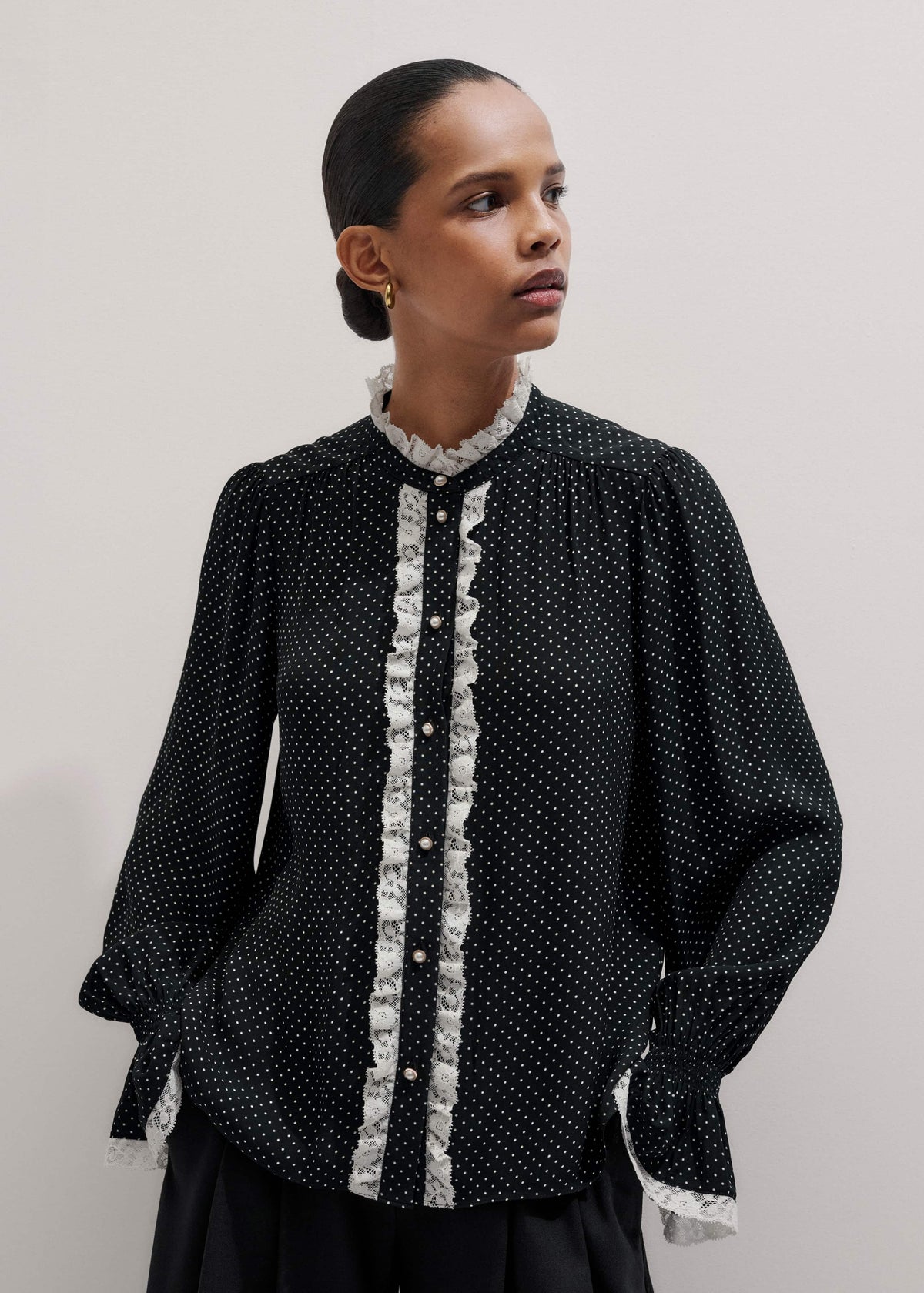 ME+EM Clothing Black Micro Polka Dot And Lace Blouse