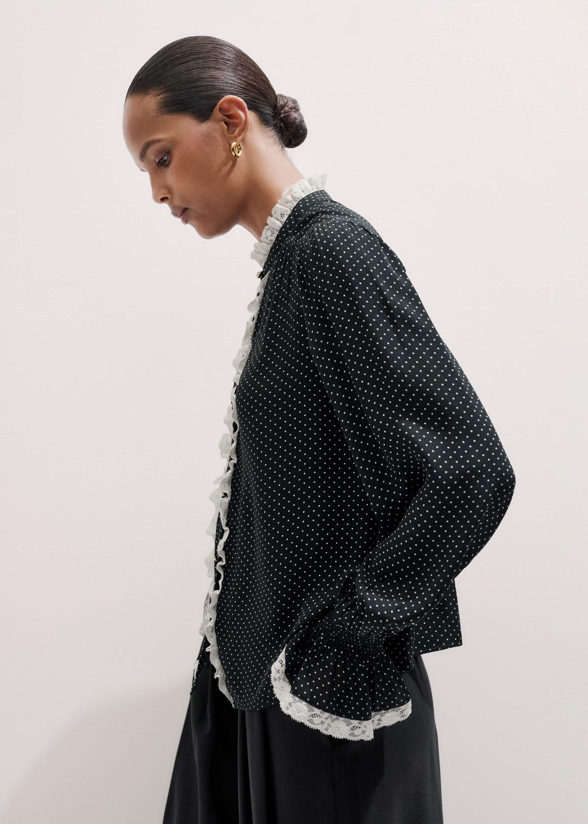 ME+EM Clothing Black Micro Polka Dot And Lace Blouse