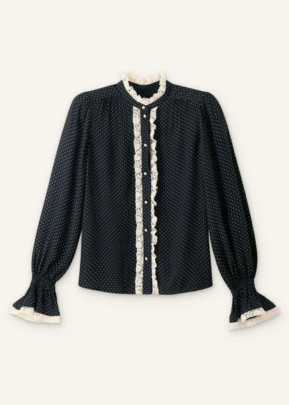 ME+EM Clothing Black Micro Polka Dot And Lace Blouse