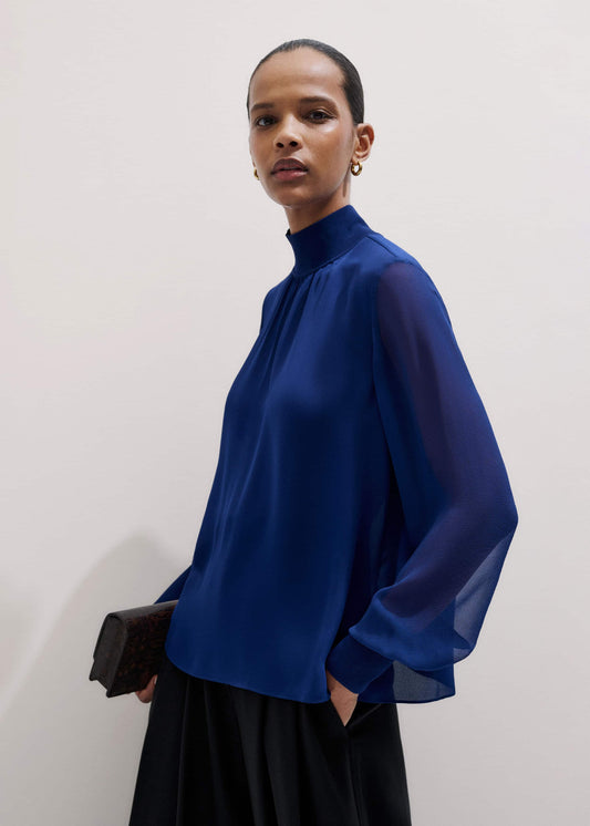 ME+EM Clothing Blue Silk Chic Rib Straight Blouse
