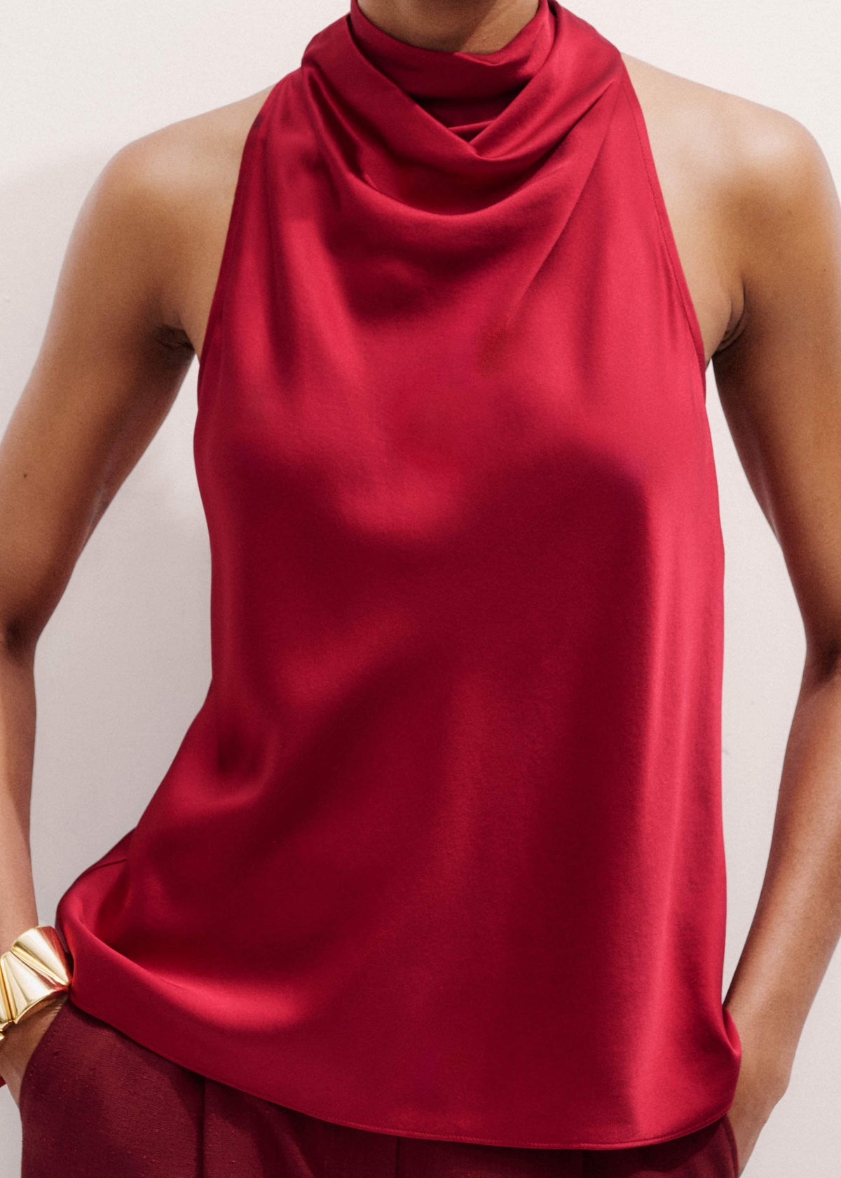 ME+EM Clothing Red Silk Satin Halterneck Sleeveless Top