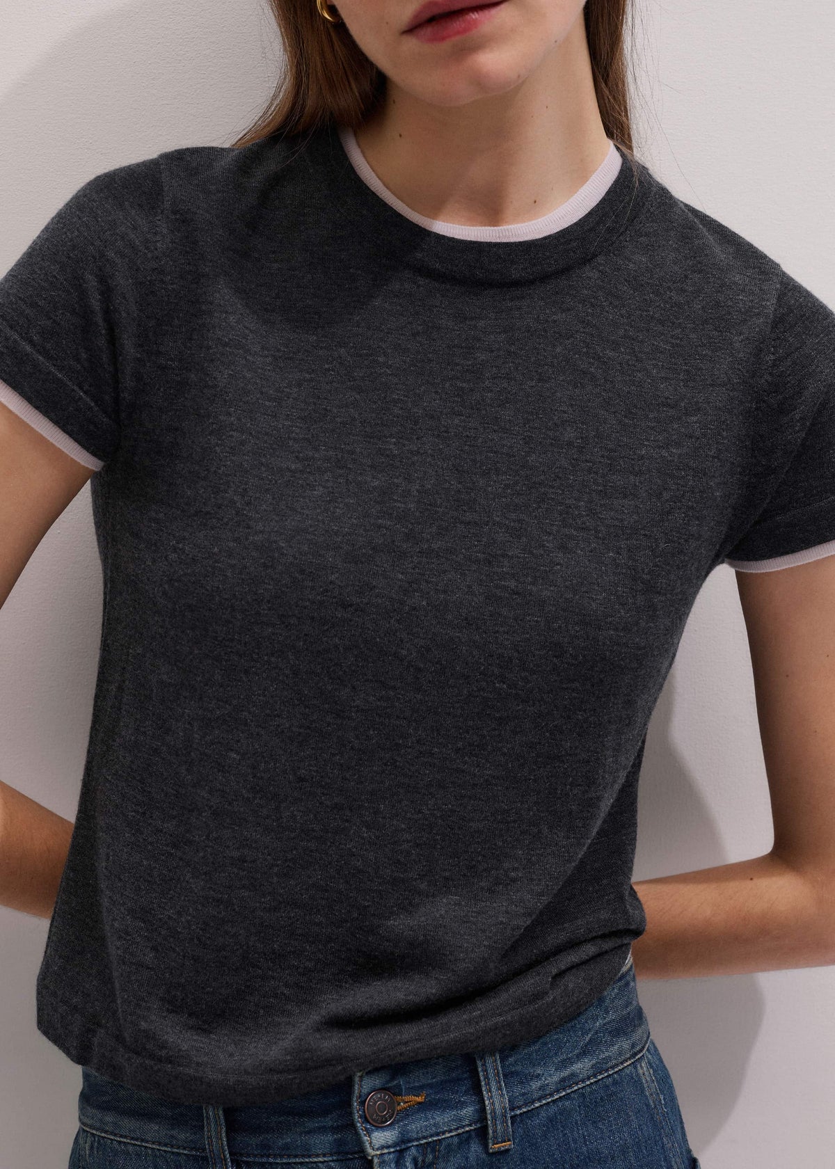 ME+EM Clothing Grey Barely There Contrast Trim Knit Baby Tee