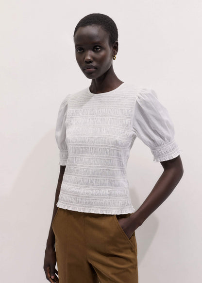 ME+EM Clothing White Soft Cotton Contrast Stitch Smocked Day Top