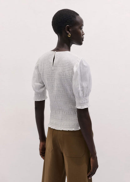 ME+EM Clothing White Soft Cotton Contrast Stitch Smocked Day Top