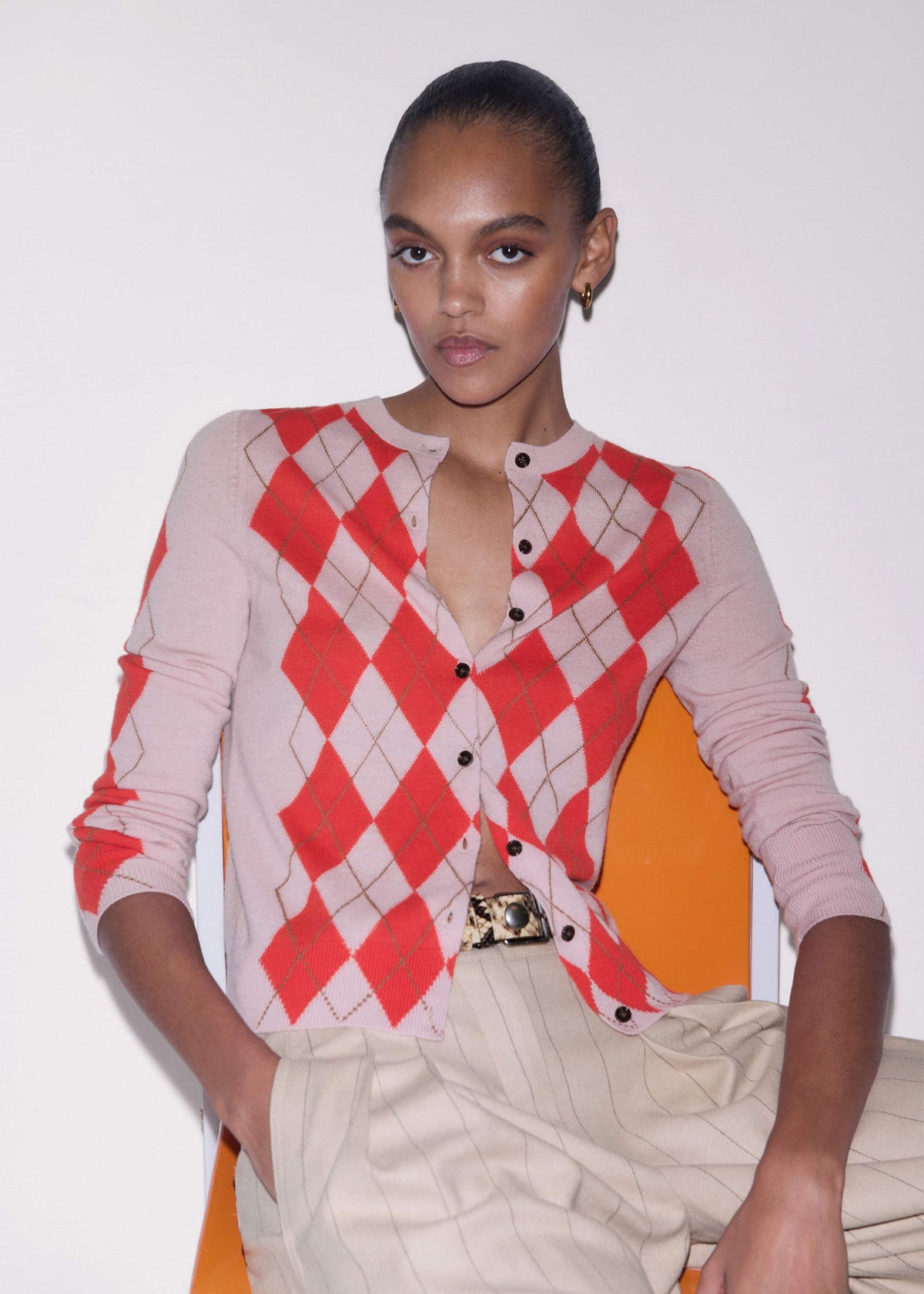 ME+EM Clothing Pink Fine Argyle Slim Knit Cardigan