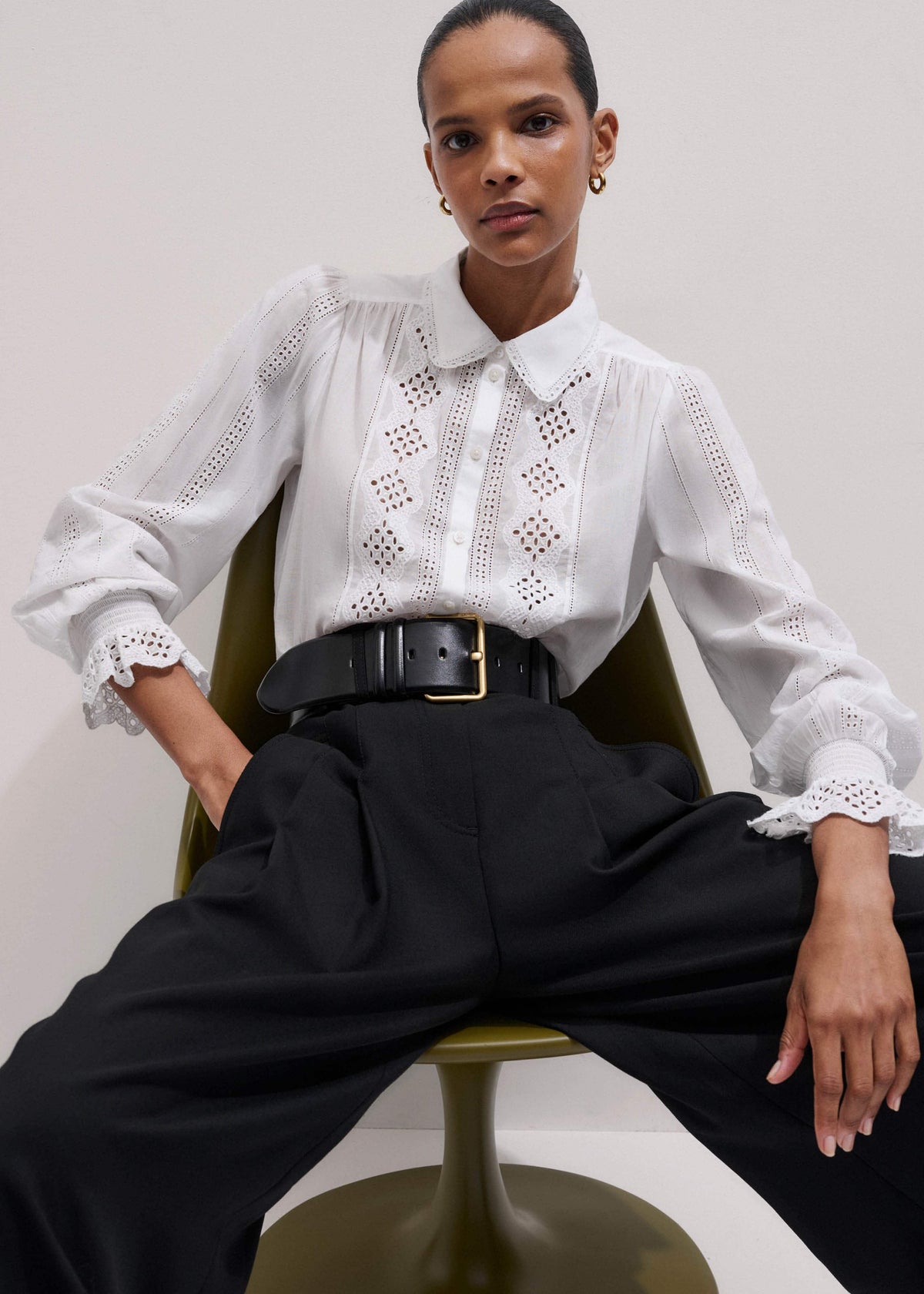 ME+EM Clothing White Cotton Broderie Detail Straight Shirt
