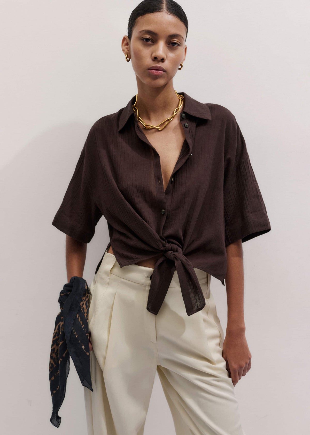 ME+EM Clothing Brown Tie Front Beach Shirt