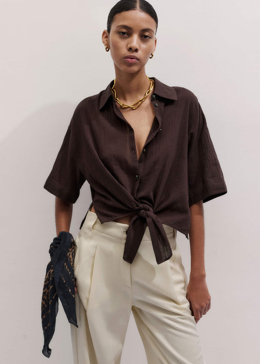 ME+EM Clothing Brown Tie Front Beach Shirt