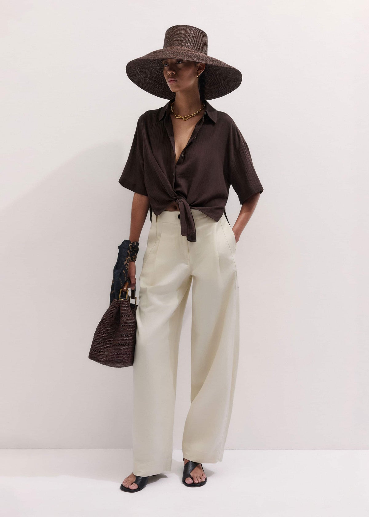 ME+EM Clothing Brown Tie Front Beach Shirt