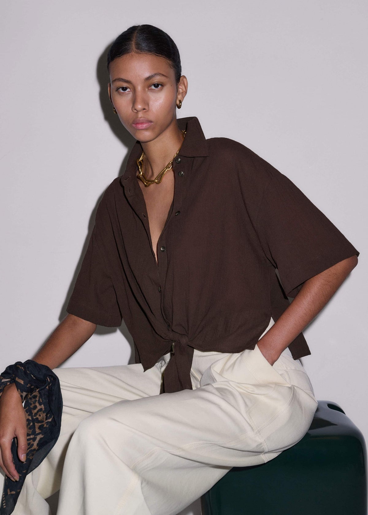 ME+EM Clothing Brown Tie Front Beach Shirt