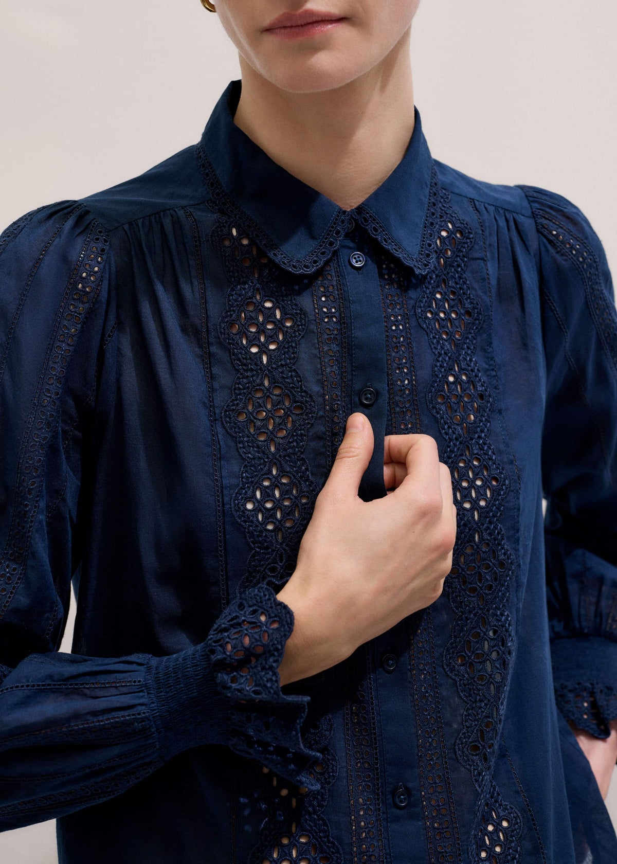 ME+EM Clothing Navy Cotton Voile Broderie Detail Shirt