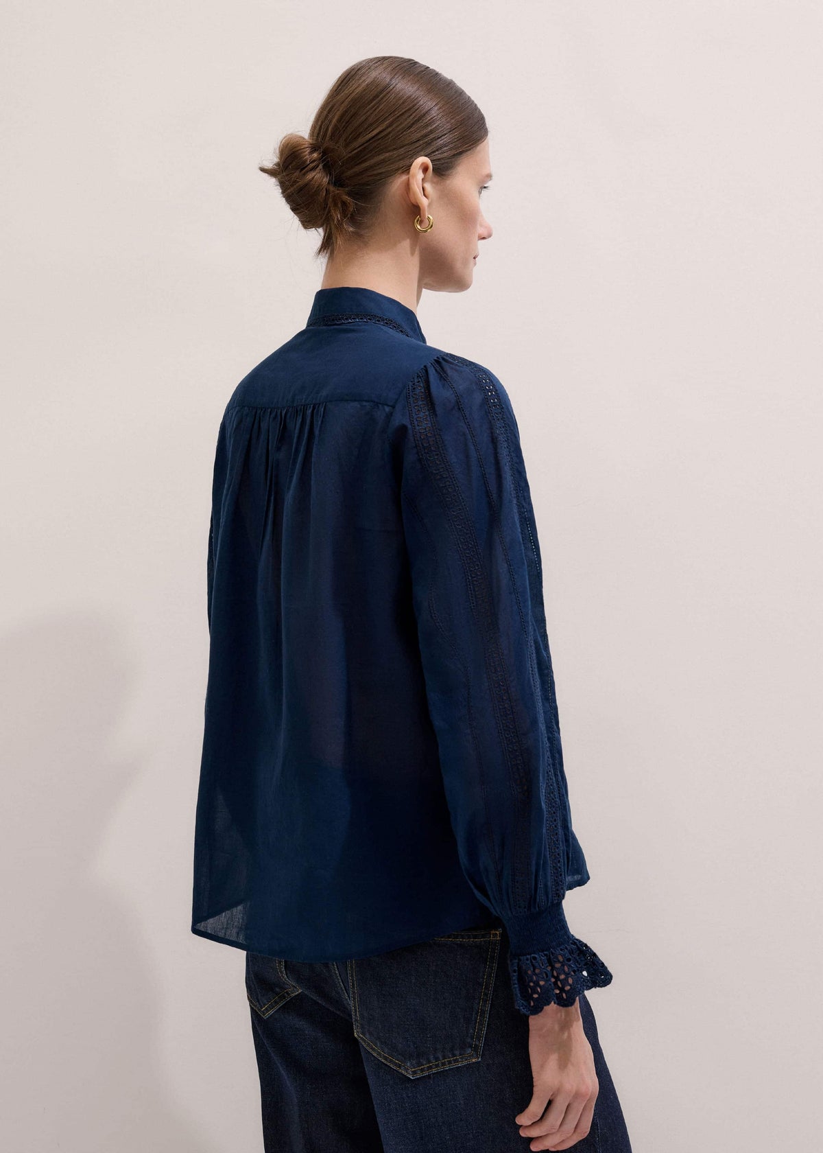 ME+EM Clothing Navy Cotton Voile Broderie Detail Shirt