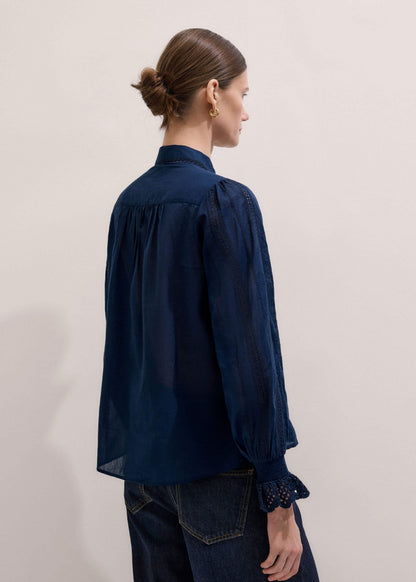 ME+EM Clothing Navy Cotton Voile Broderie Detail Shirt