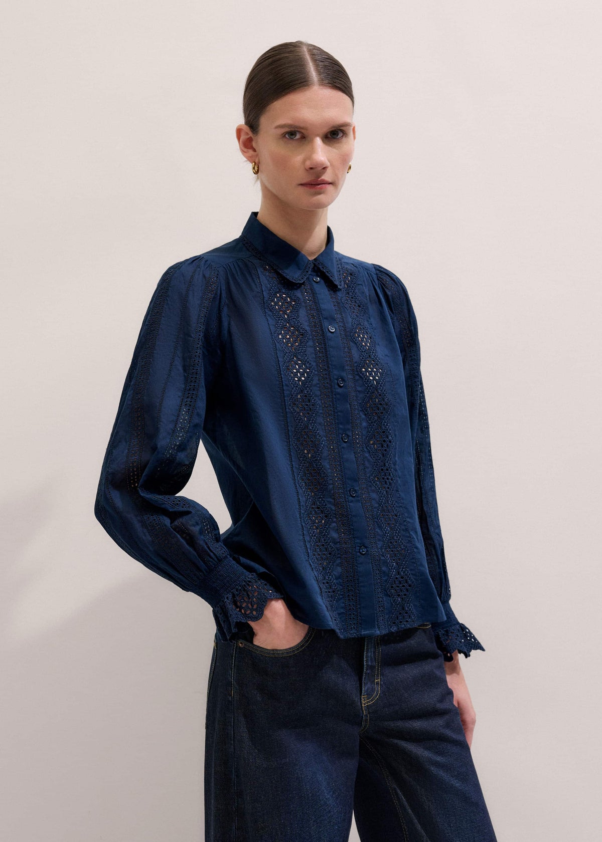 ME+EM Clothing Navy Cotton Voile Broderie Detail Shirt