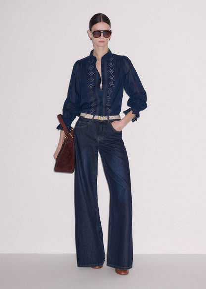 ME+EM Clothing Navy Cotton Voile Broderie Detail Shirt