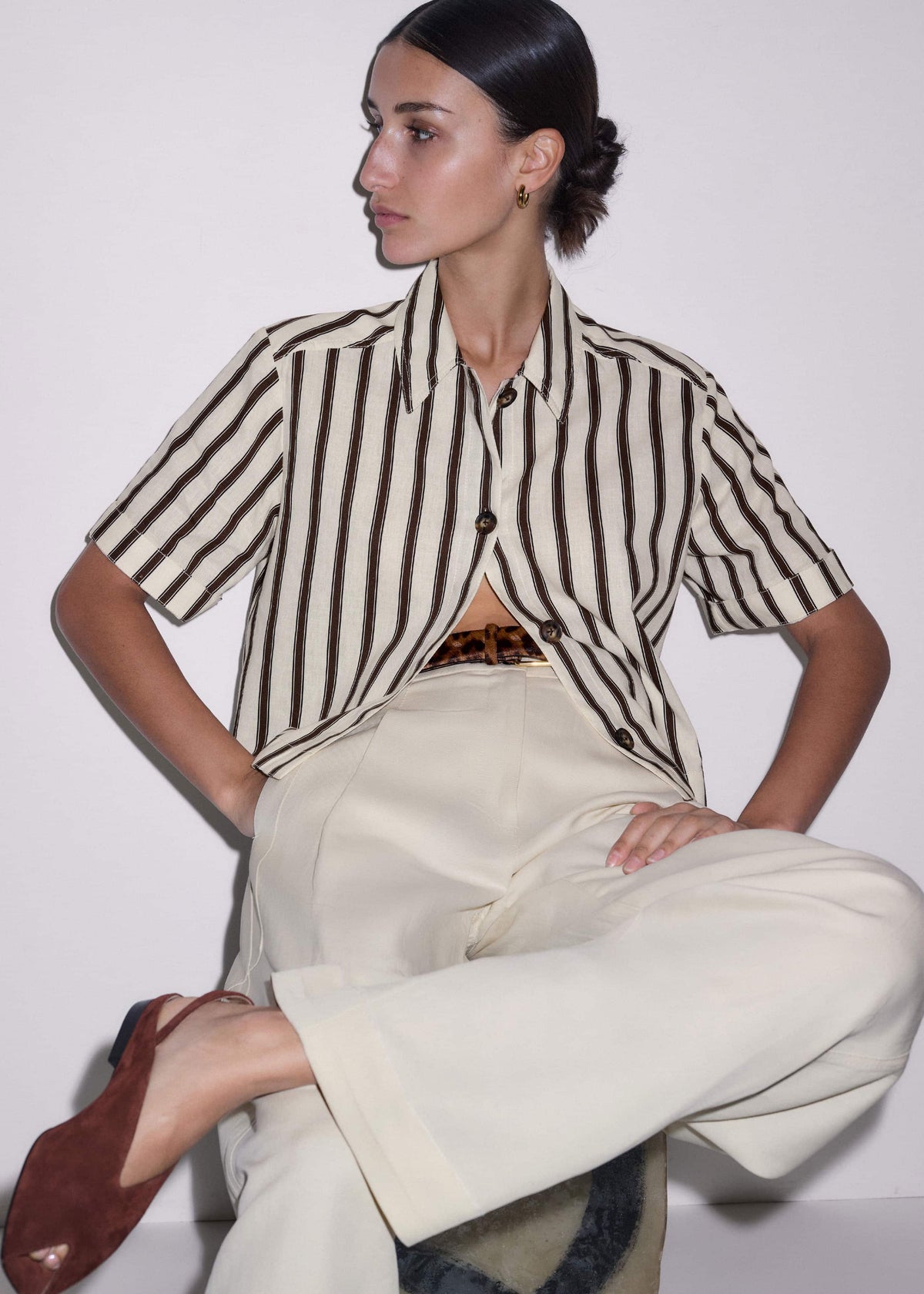 ME+EM Clothing Cream Crease-Less Linen Spring Stripe Boxy Cropped Shirt