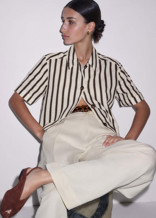 ME+EM Clothing Cream Crease-Less Linen Spring Stripe Boxy Cropped Shirt