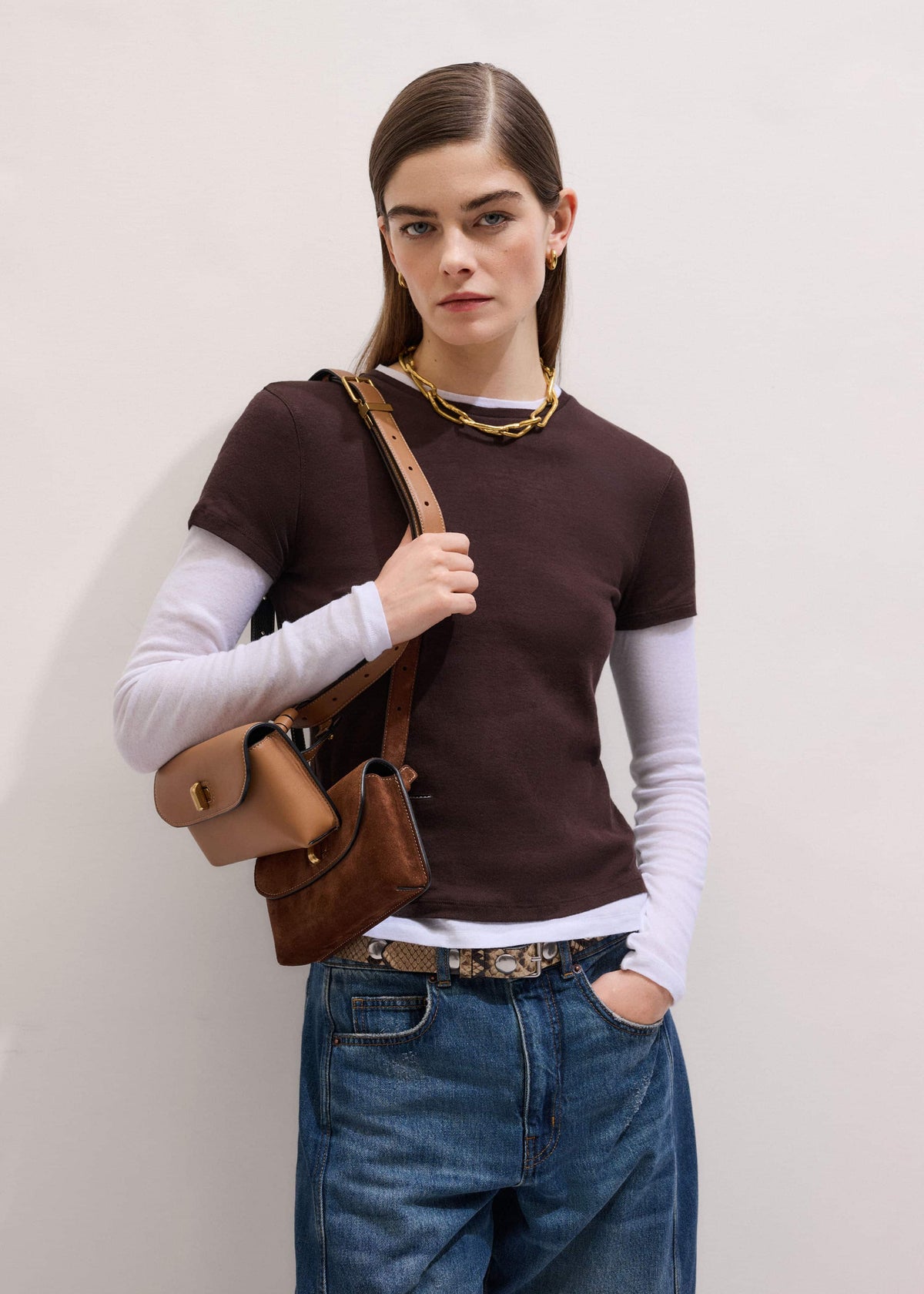 ME+EM Clothing Brown Sheer Double-Layer Look Top
