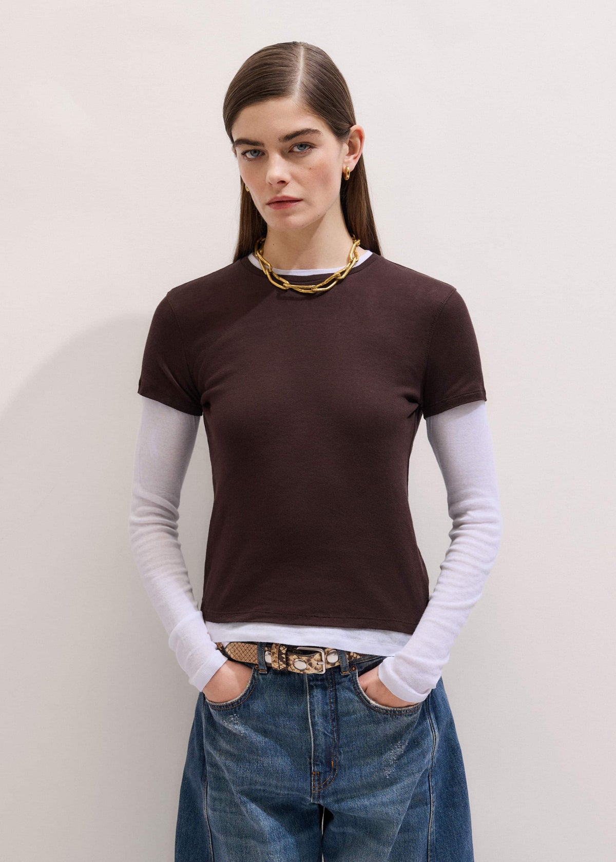 ME+EM Clothing Brown Sheer Double-Layer Look Top