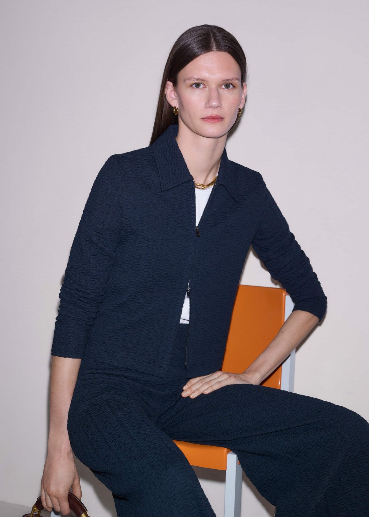 ME+EM Clothing Navy Curling Crosses Jacquard Textured Zip Top