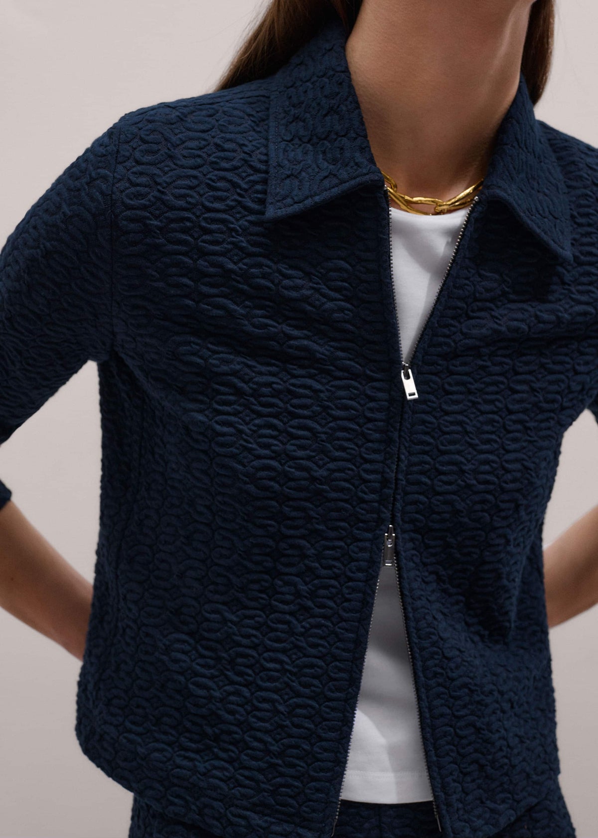 ME+EM Clothing Navy Curling Crosses Jacquard Textured Zip Top