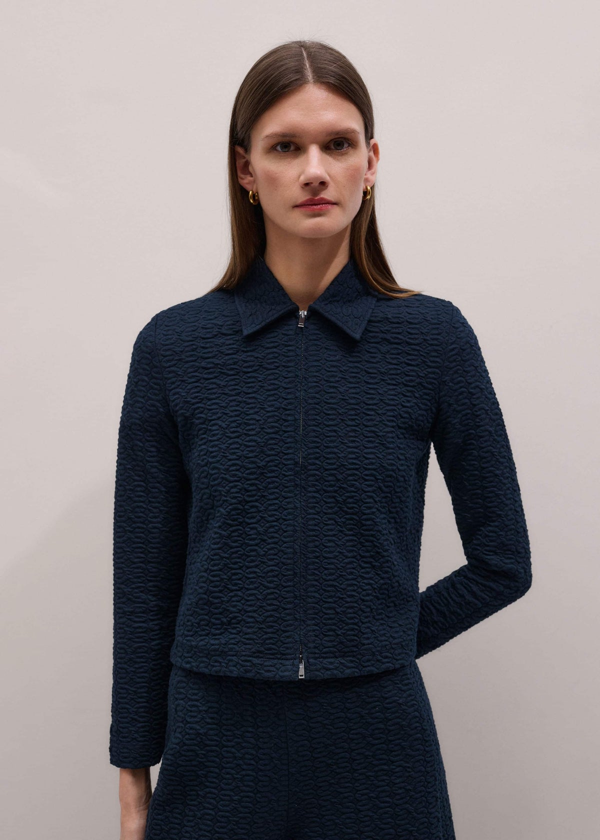 ME+EM Clothing Navy Curling Crosses Jacquard Textured Zip Top