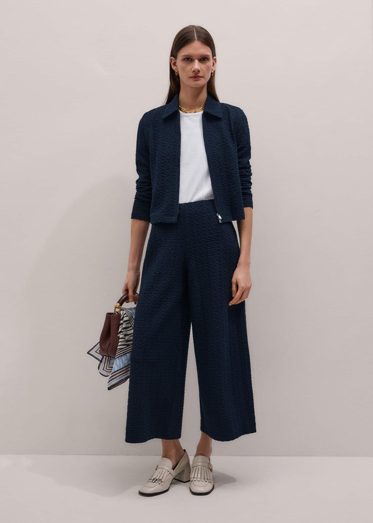 ME+EM Clothing Navy Curling Crosses Jacquard Textured Zip Top
