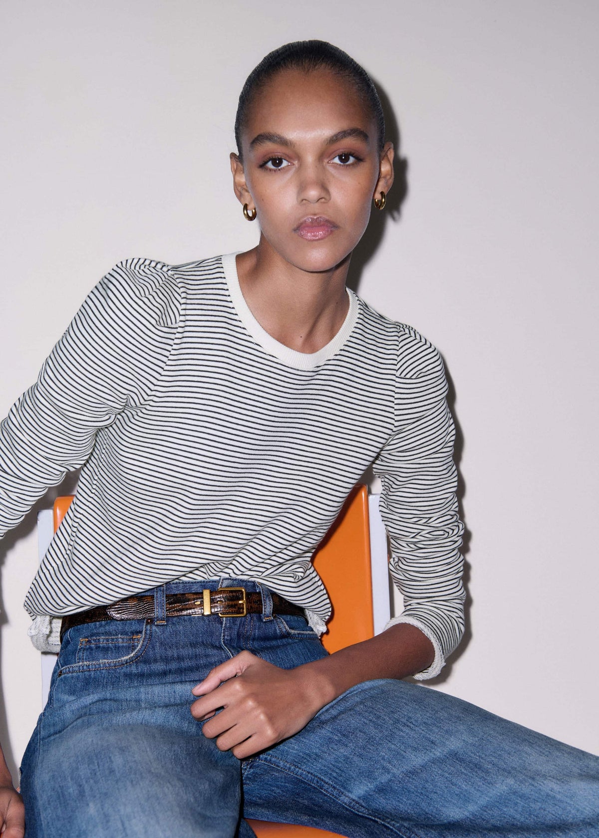 ME+EM Clothing Navy Stripe Pouf Sleeve Sweatshirt