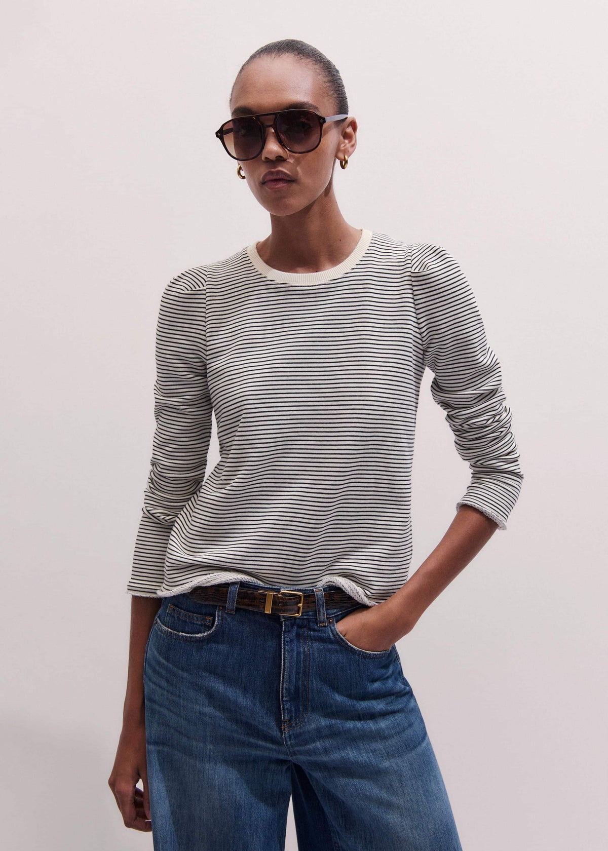 ME+EM Clothing Navy Stripe Pouf Sleeve Sweatshirt