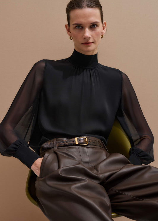 ME+EM Clothing Black Silk Chic Rib Straight Blouse