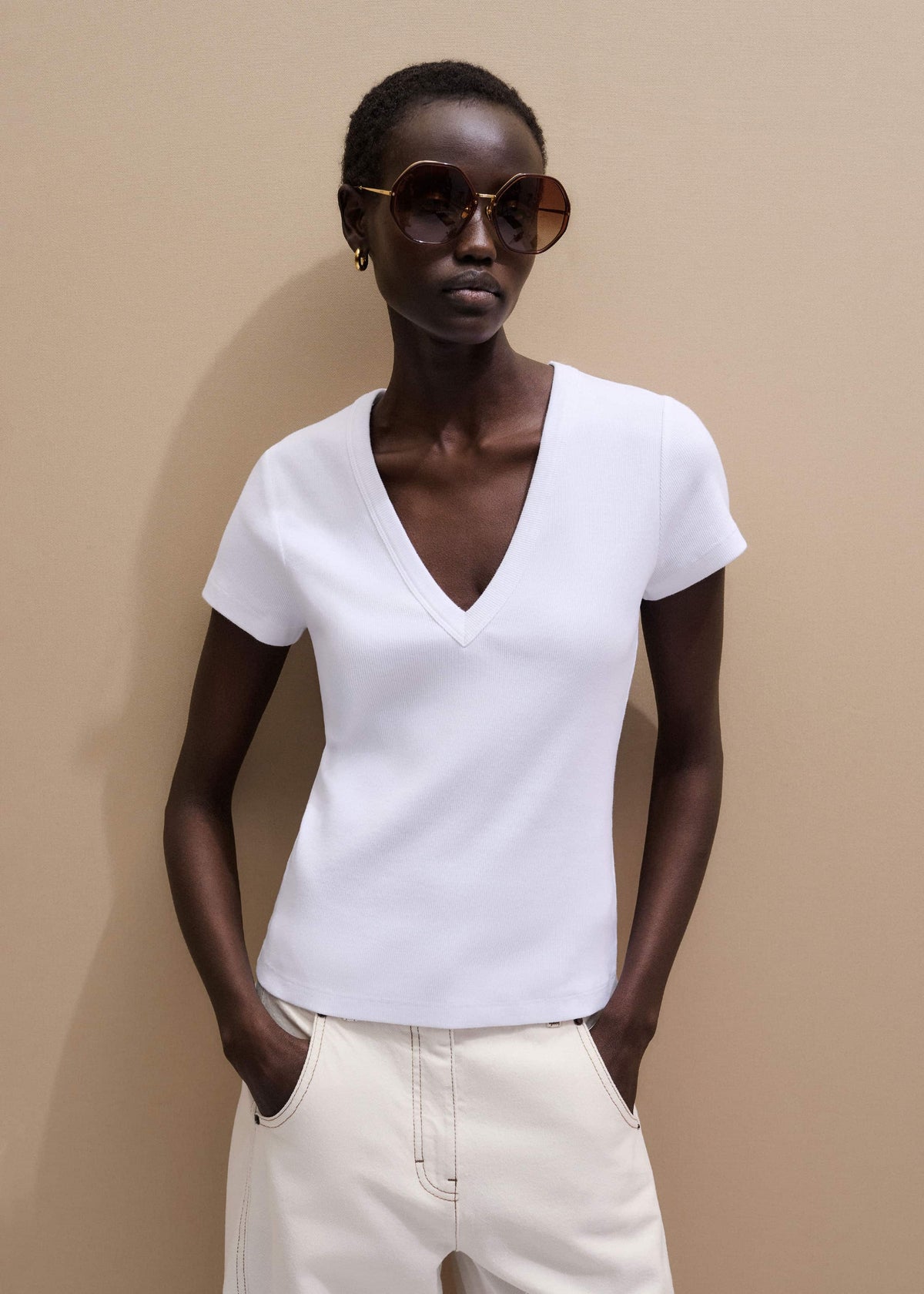 ME+EM Clothing White Ultimate Fitted Rib V-Neck Tee