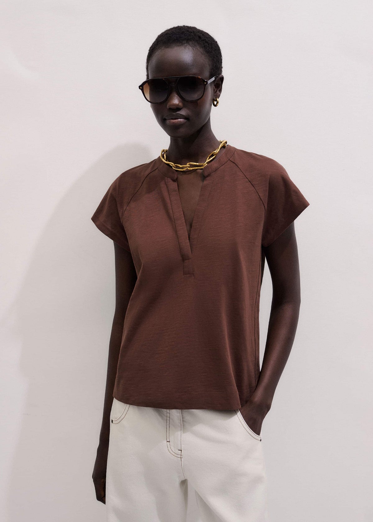 ME+EM Clothing Cinnamon Open Placket V-Neck Swing Top