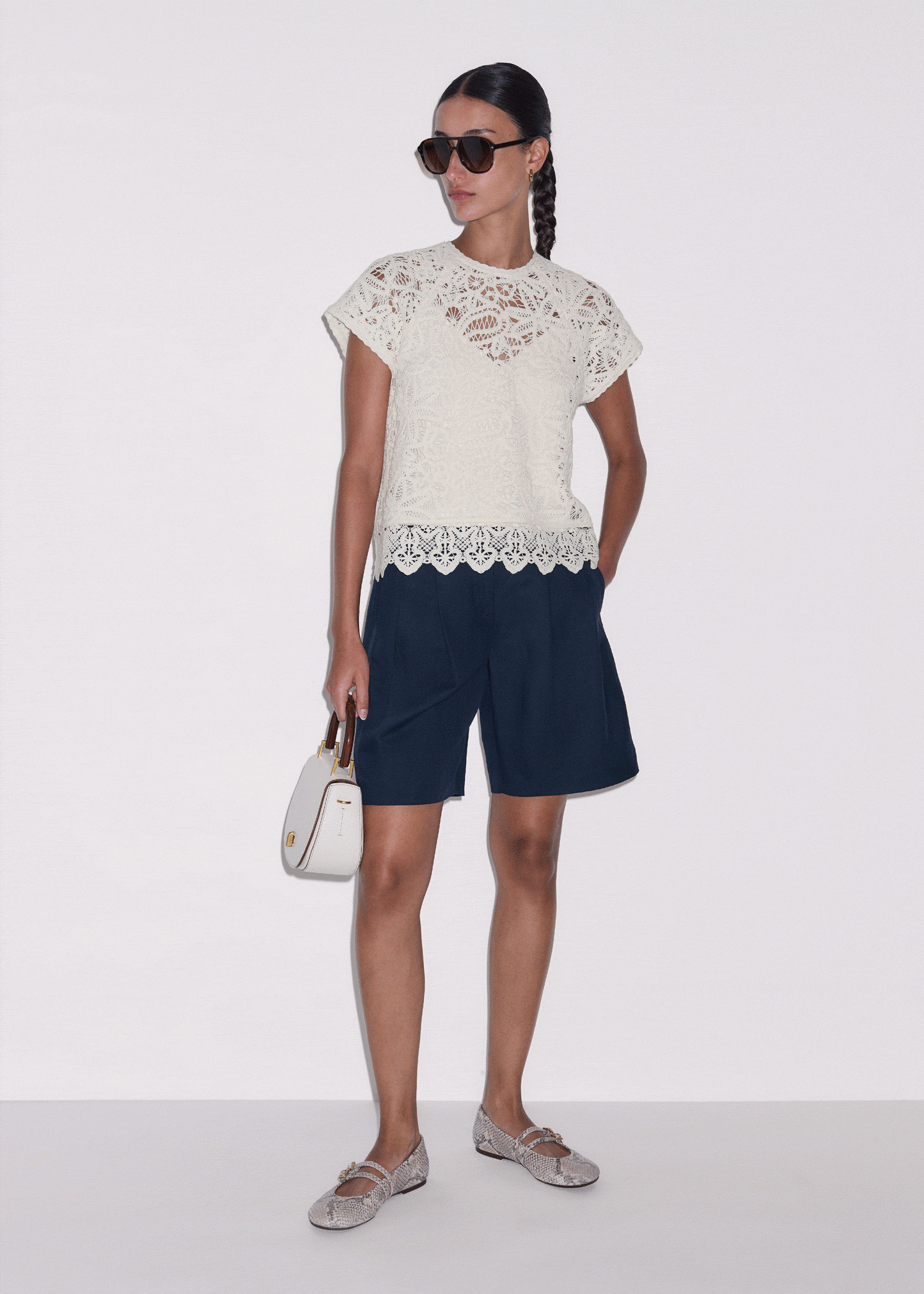 ME+EM Clothing Cream Lace Crochet Crop Tee