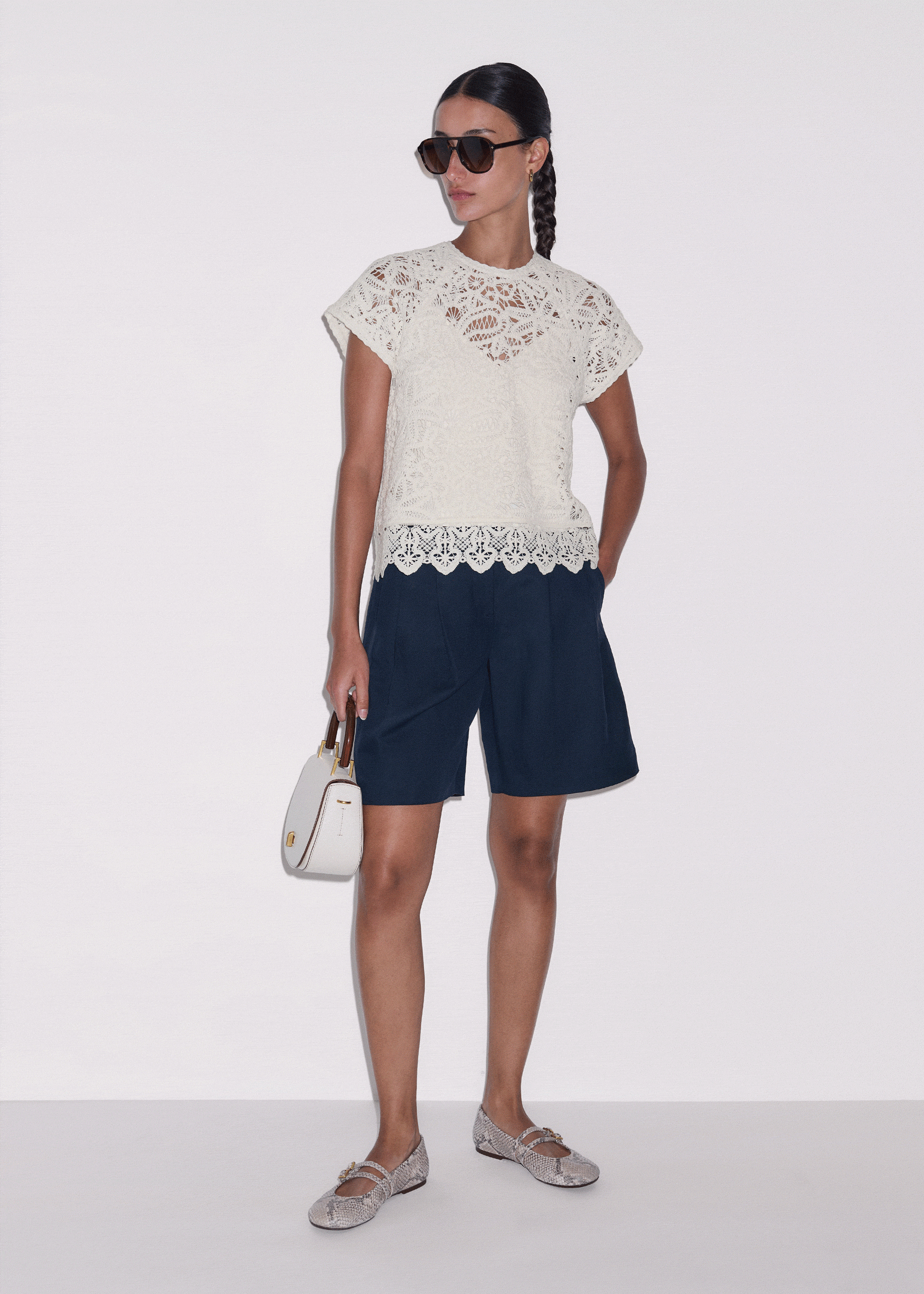 ME+EM Clothing Cream Lace Crochet Crop Tee