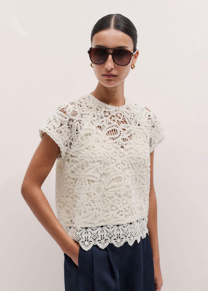 ME+EM Clothing Cream Lace Crochet Crop Tee